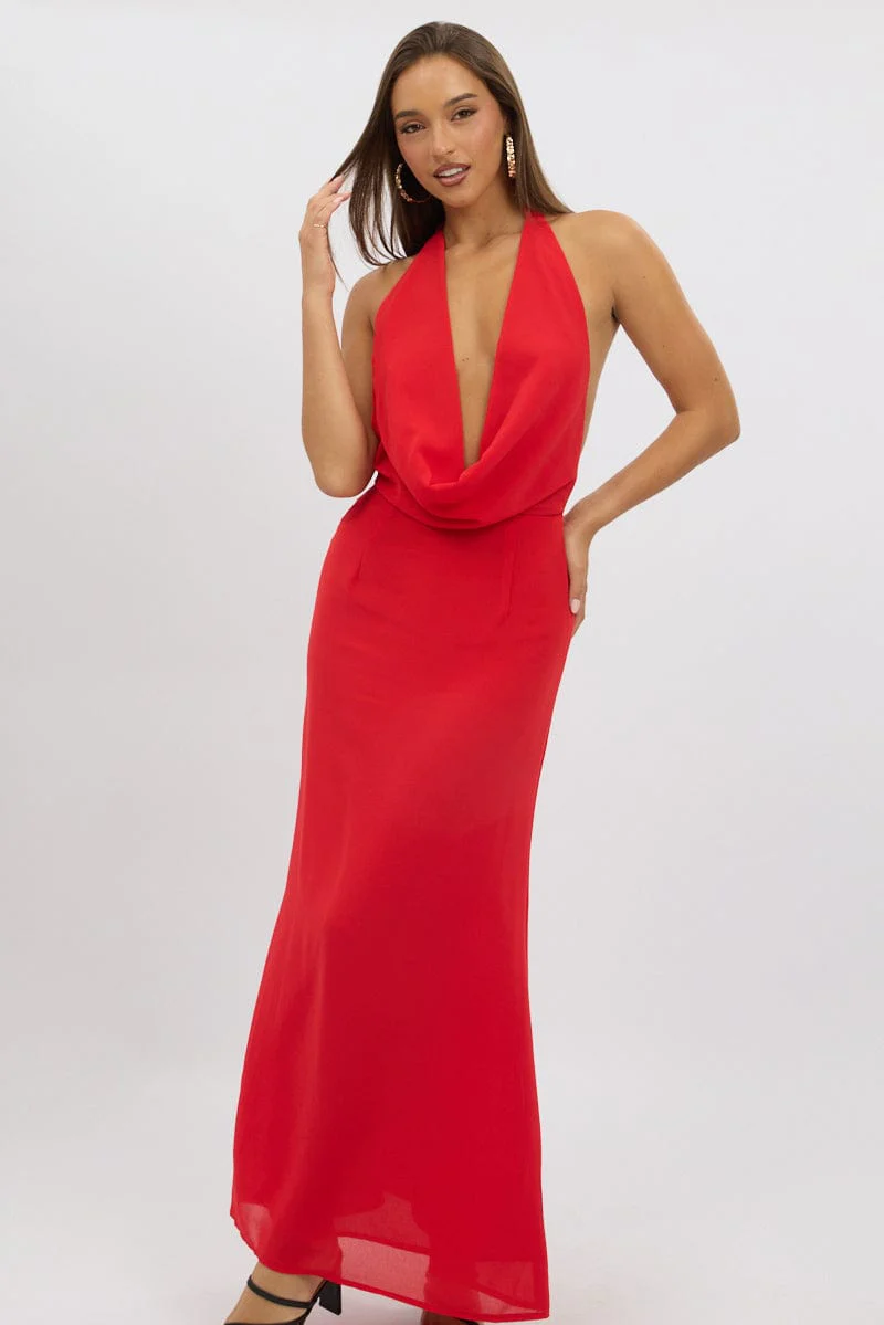Red Cowl Neck Maxi Dress - Image 3