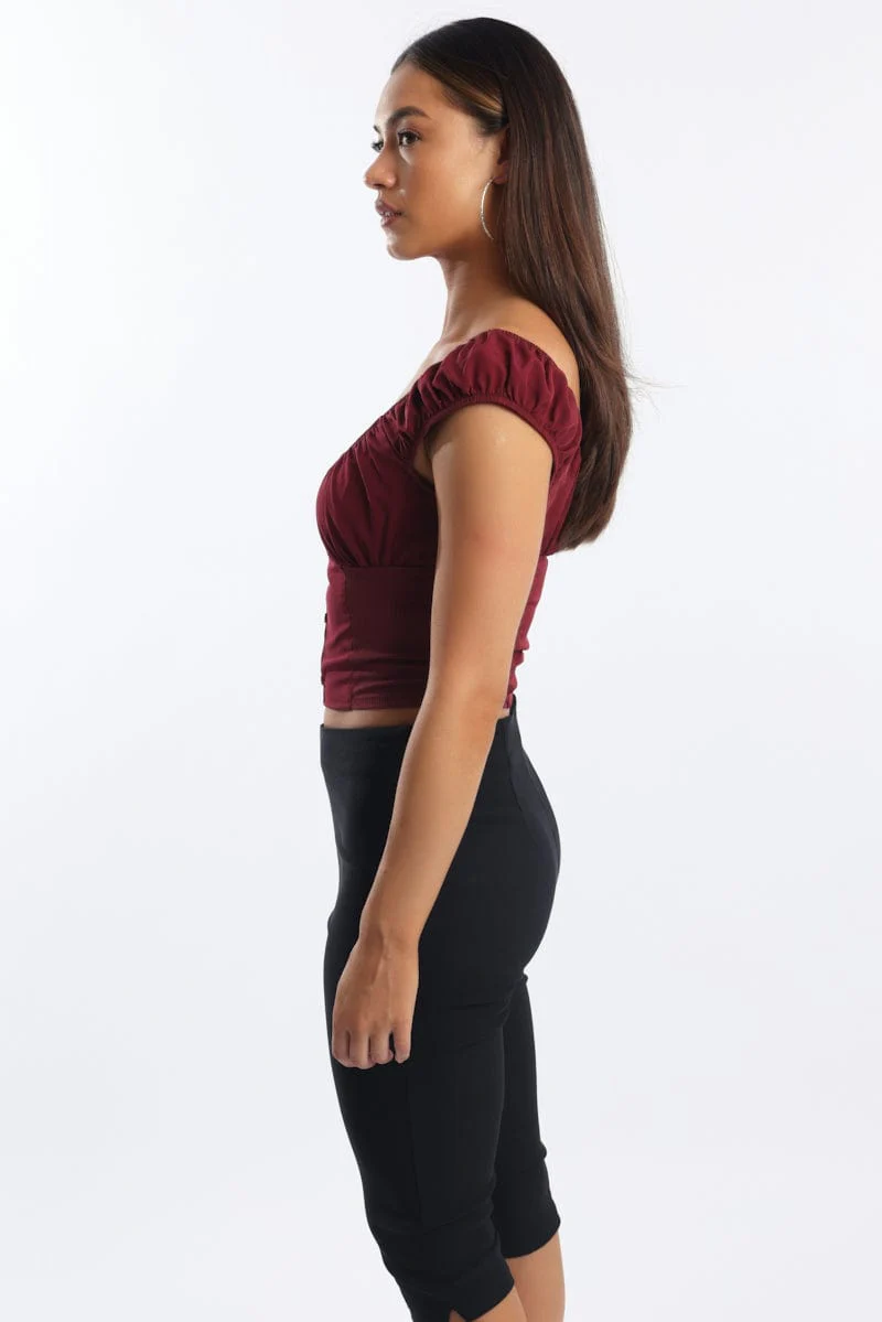 Red Crop Top Short Sleeve V Neck Button Details - Image 3