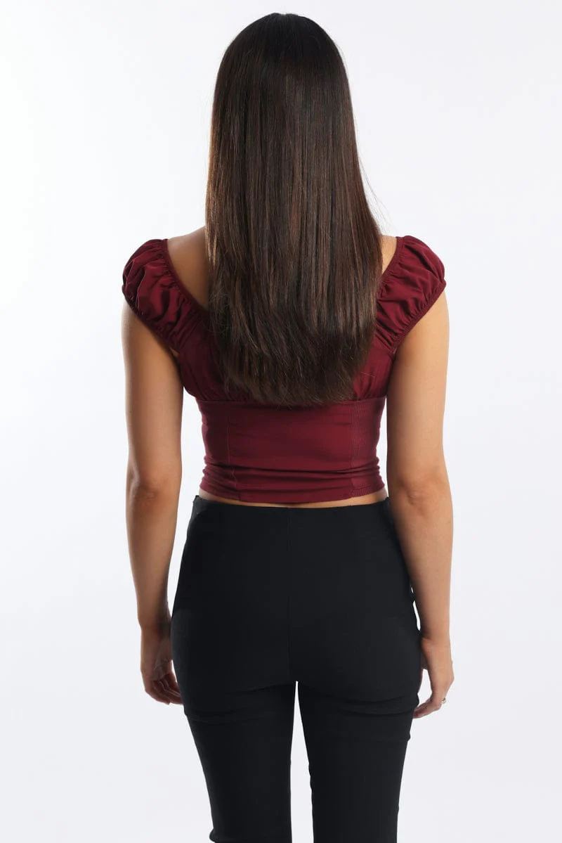 Red Crop Top Short Sleeve V Neck Button Details - Image 4