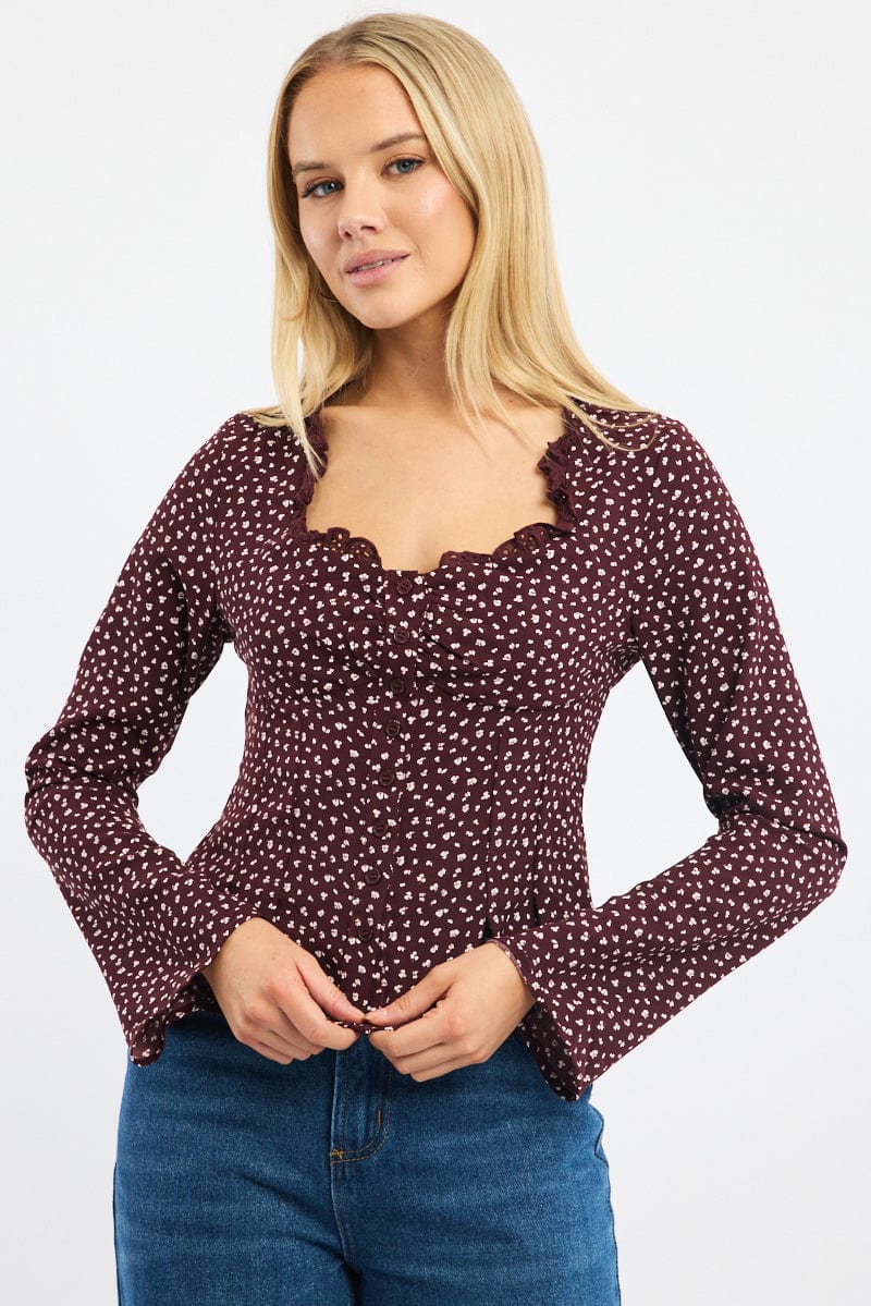 Red Ditsy Button Up Top Long Sleeve Sweetheart Neckline