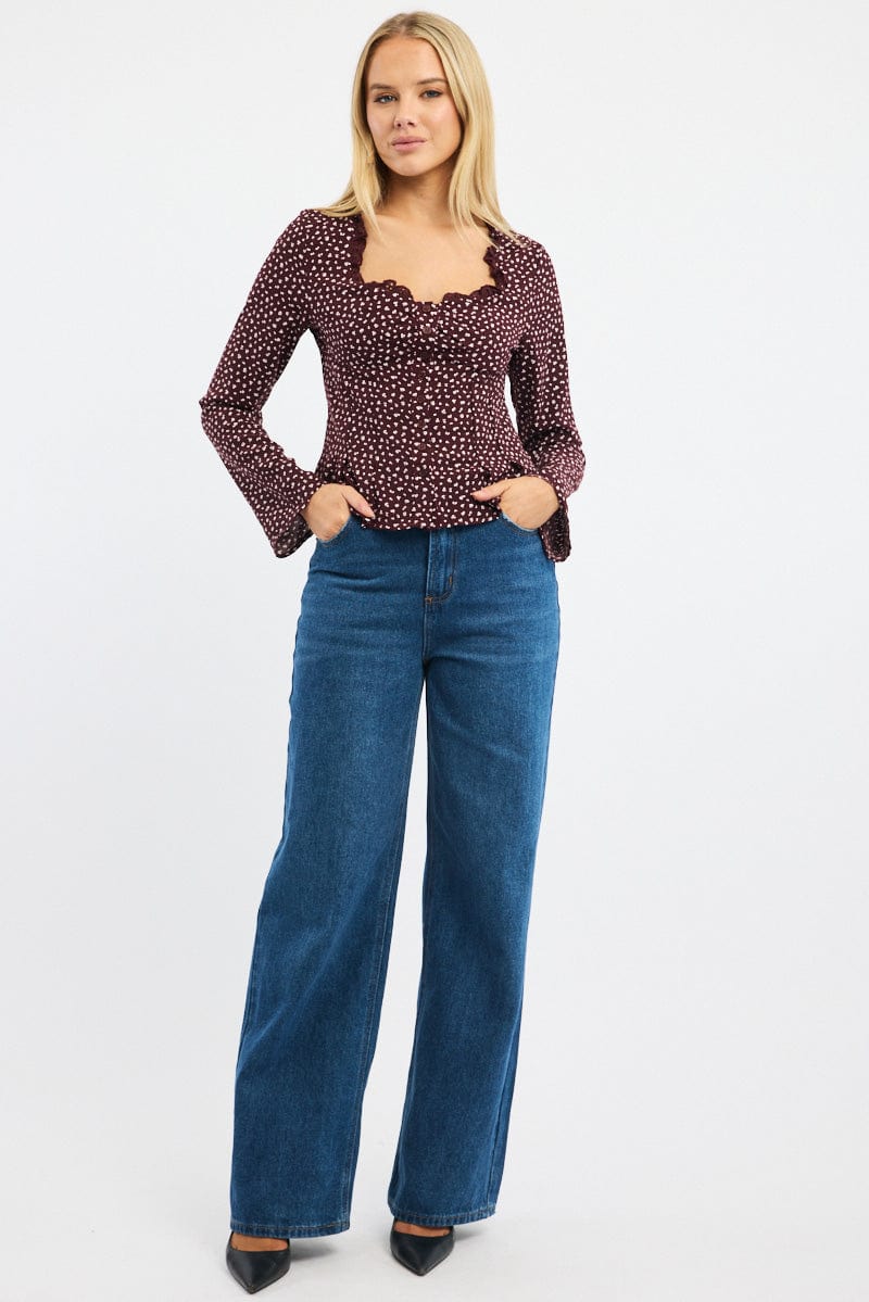 Red Ditsy Button Up Top Long Sleeve Sweetheart Neckline - Image 2