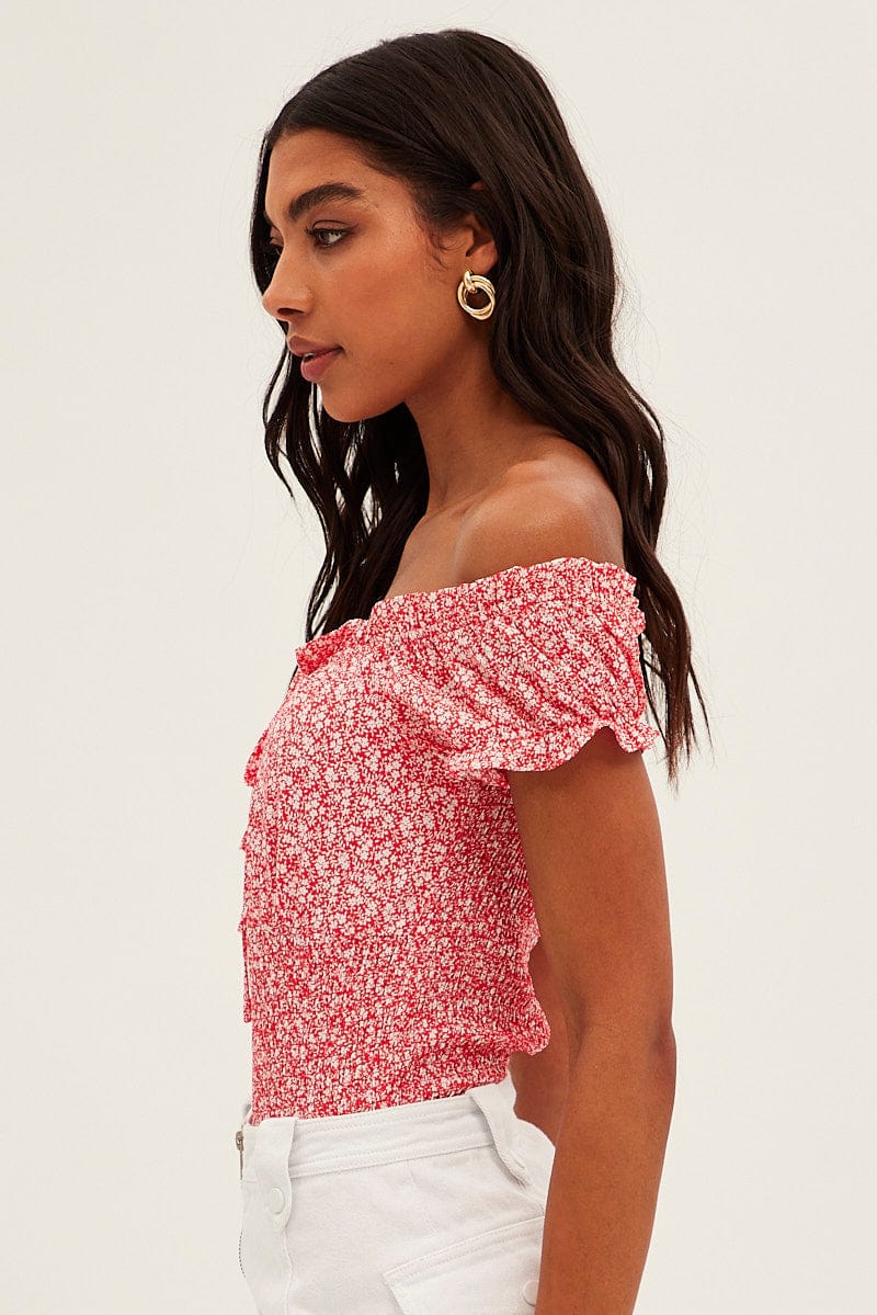 Red Ditsy Ditsy Print Puff Sleeve Tie Front Shirred Bodysuit - Image 4