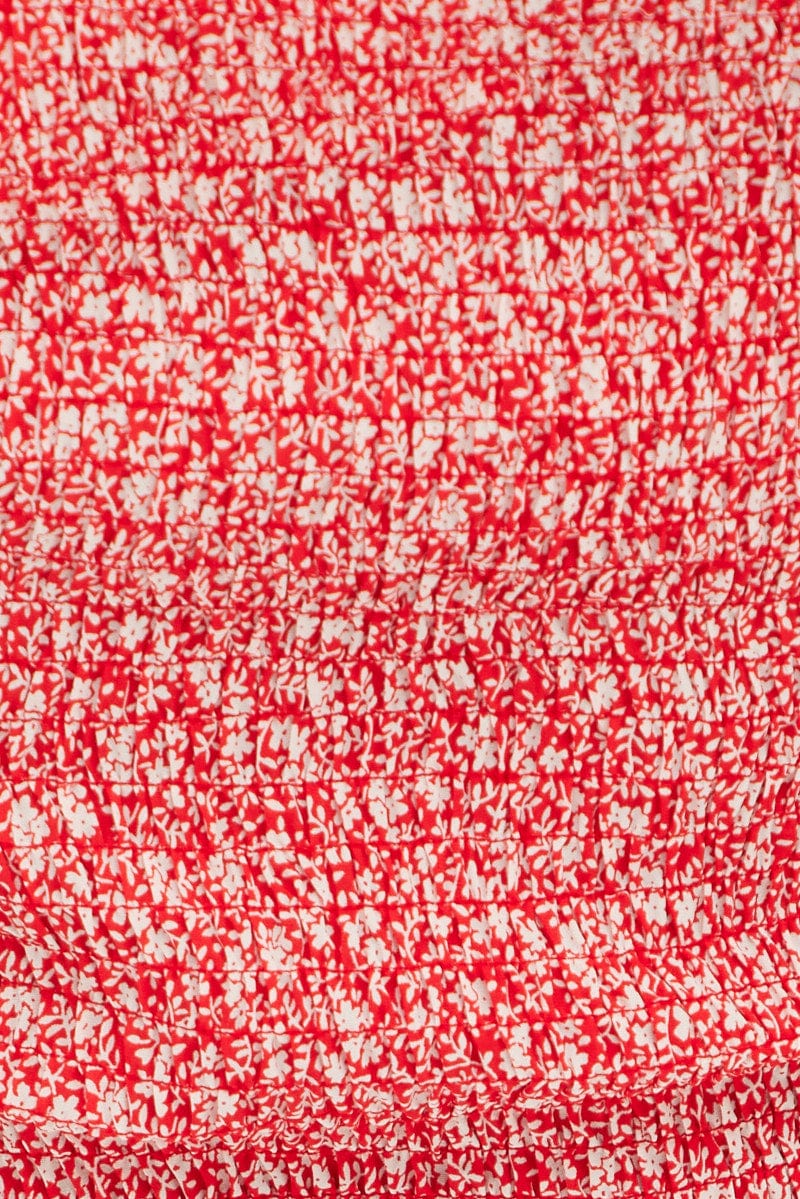 Red Ditsy Ditsy Print Puff Sleeve Tie Front Shirred Bodysuit - Image 6