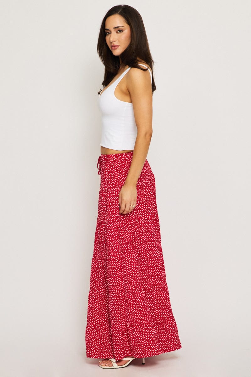 Red Ditsy Maxi Skirt Tiered High Rise - Image 4
