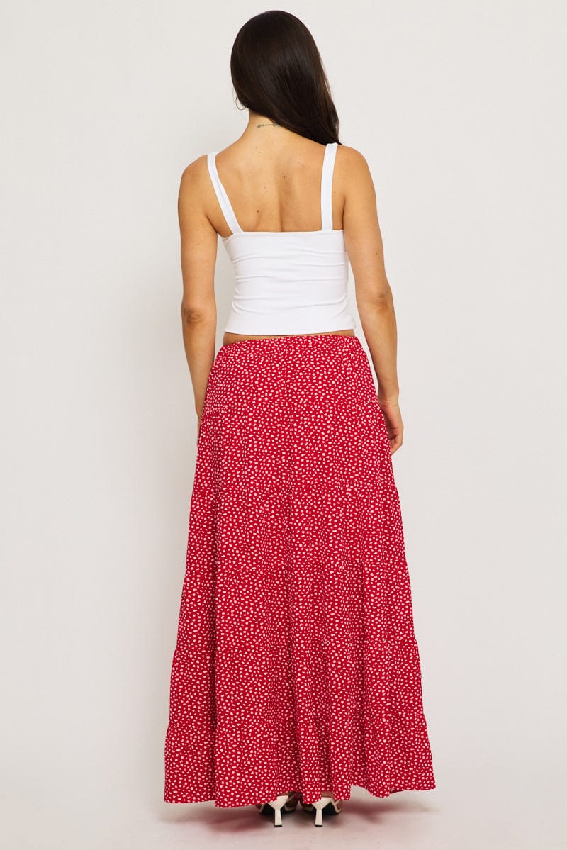 Red Ditsy Maxi Skirt Tiered High Rise - Image 5