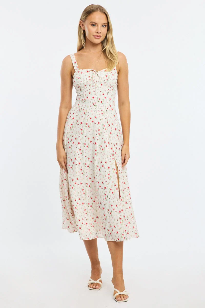 Red Ditsy Midi Dress Gathered Bust