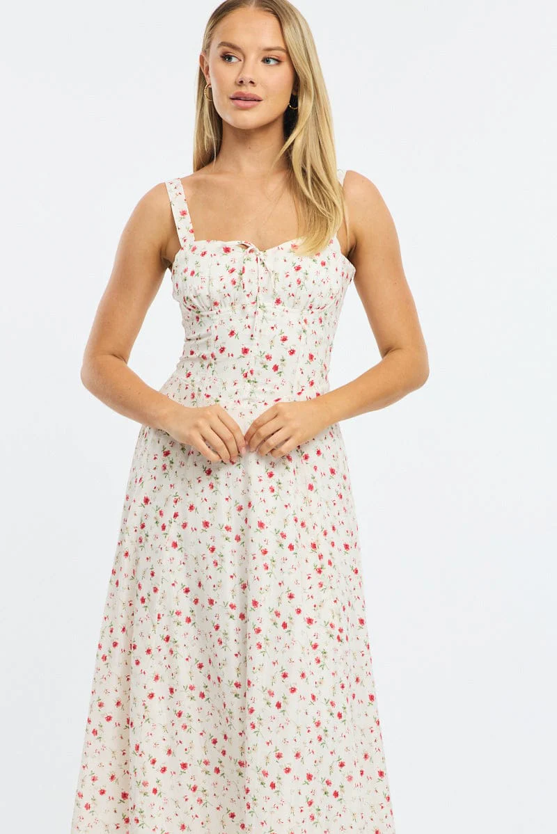 Red Ditsy Midi Dress Gathered Bust - Image 2