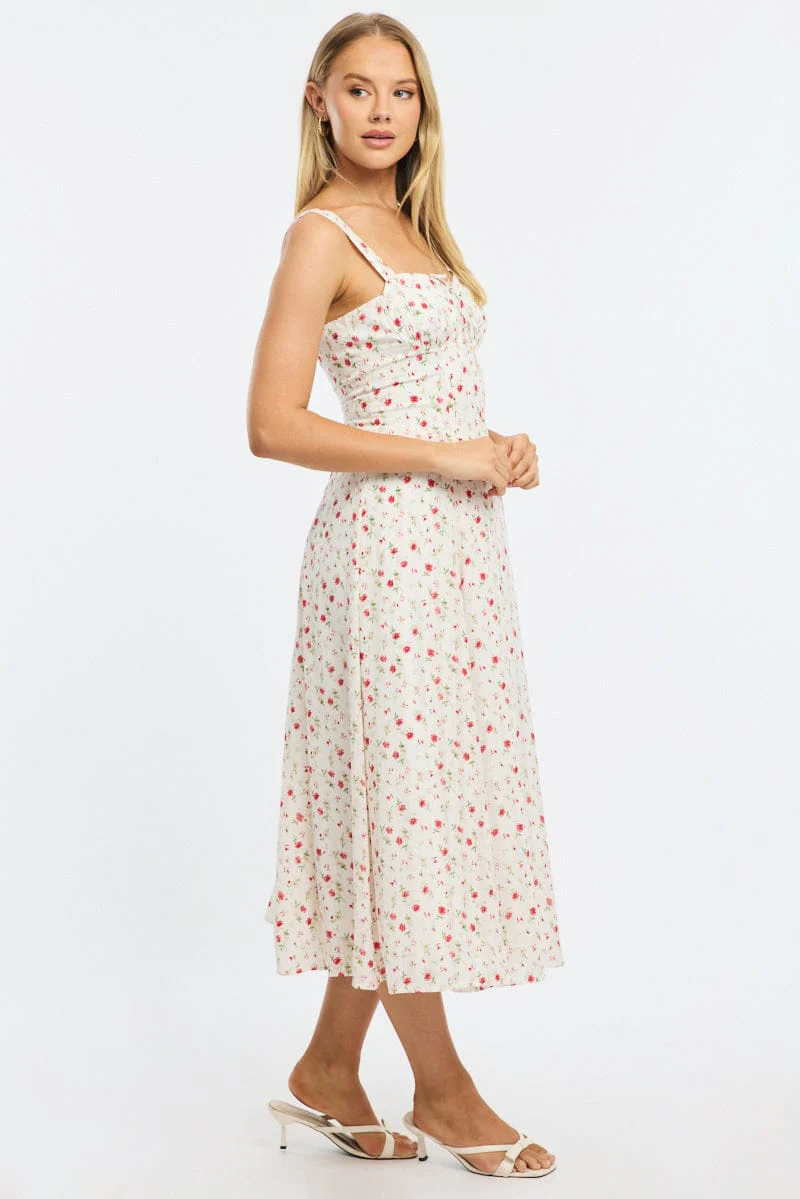 Red Ditsy Midi Dress Gathered Bust - Image 3