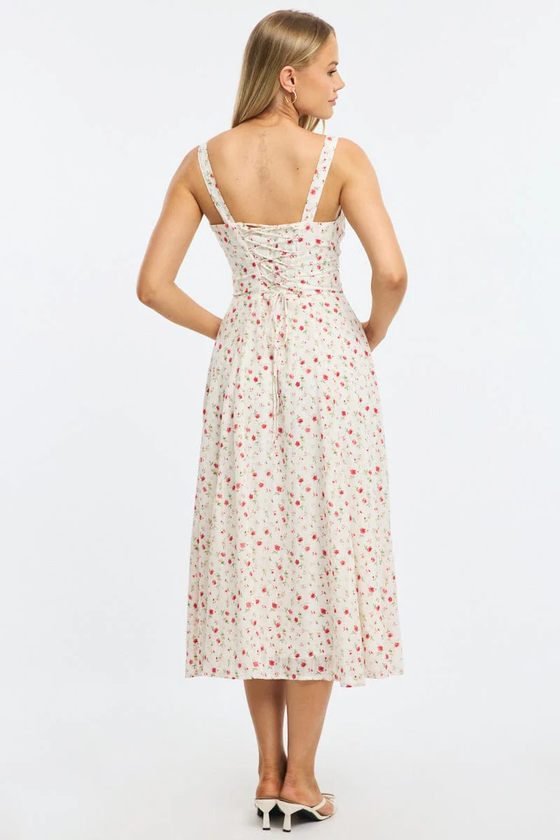 Red Ditsy Midi Dress Gathered Bust - Image 4