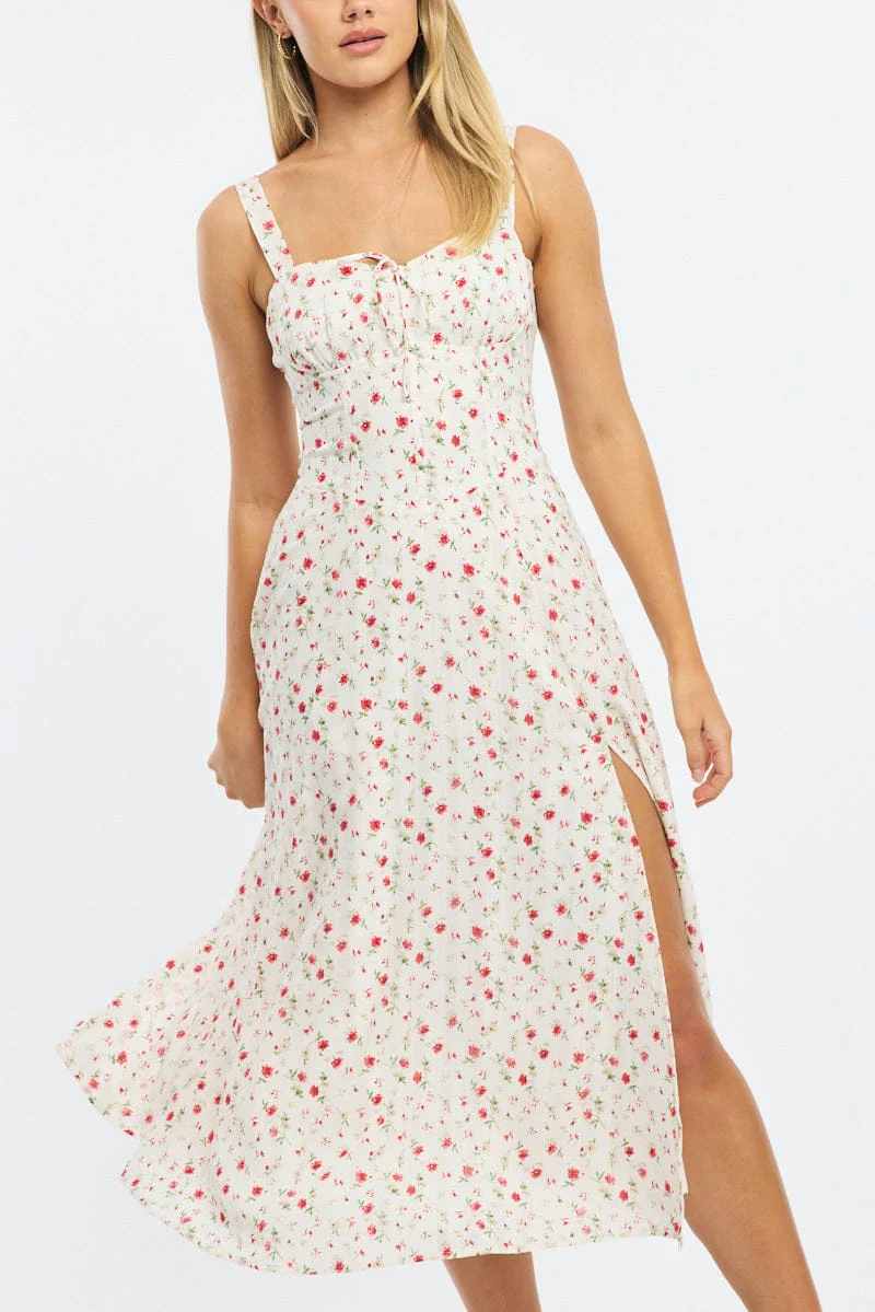 Red Ditsy Midi Dress Gathered Bust - Image 5
