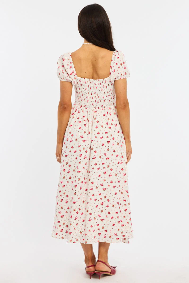 Red Ditsy Midi Dress Puff Sleeve - Image 5