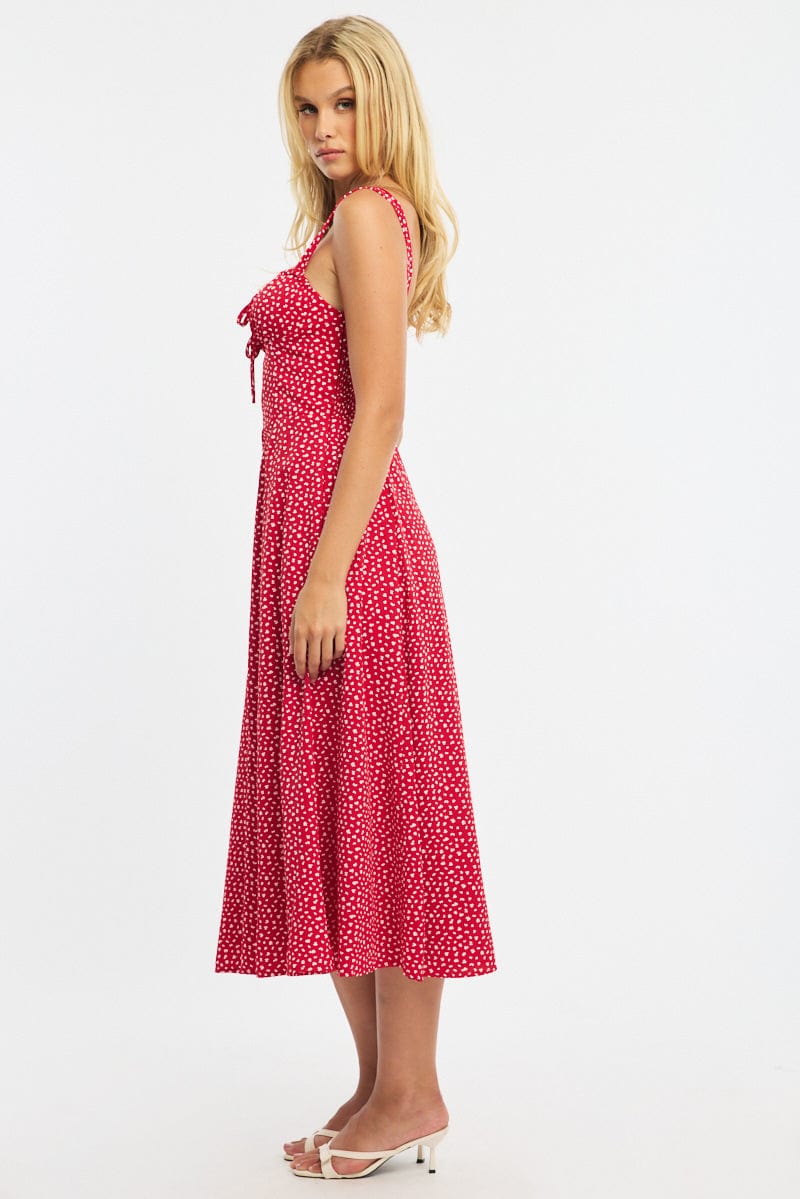 Red Ditsy Midi Dress Ruched Bust - Image 3