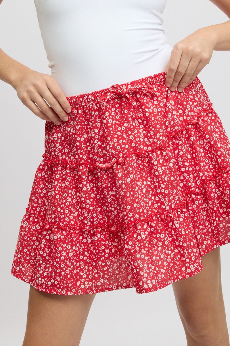 Red Ditsy Skater Skirt High Rise Tiered Mini Lined - Image 6