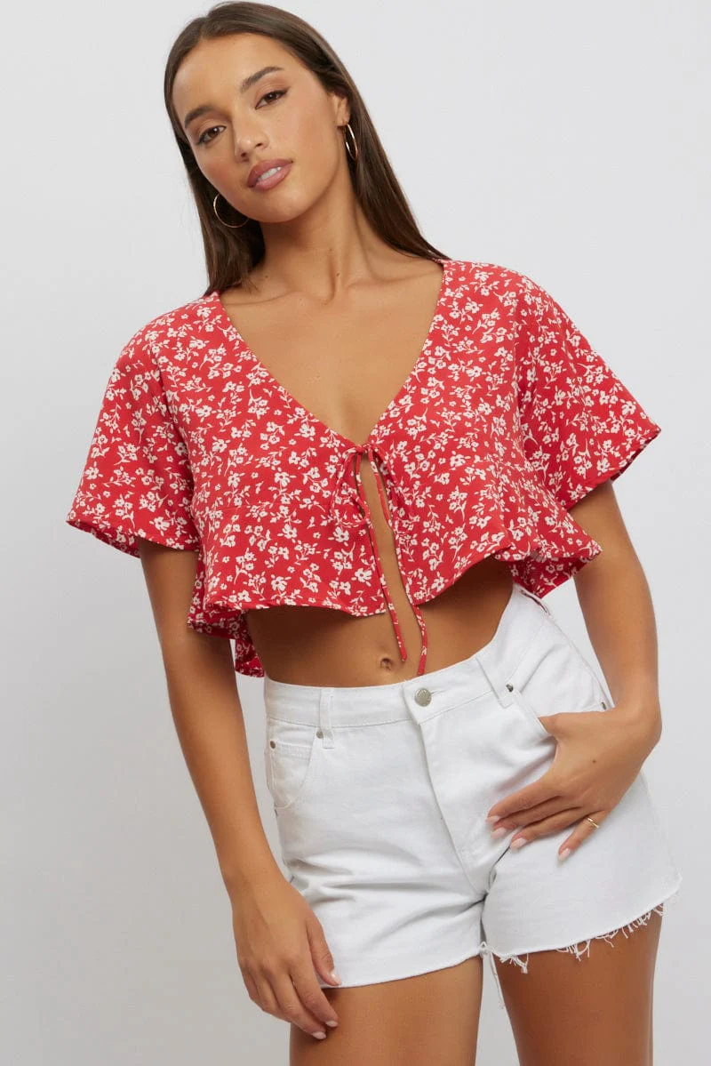 Red Ditsy Tie Up Top Short Sleeve Crop - Image 3