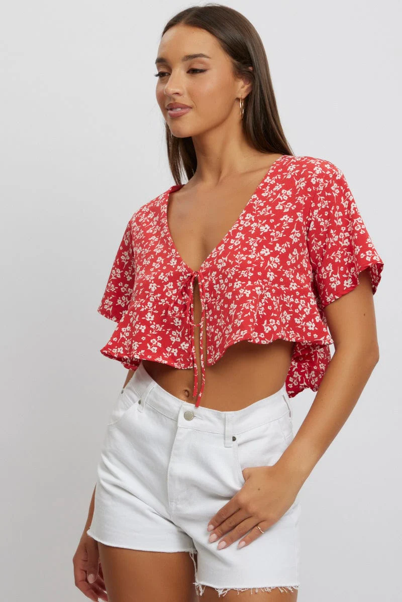 Red Ditsy Tie Up Top Short Sleeve Crop - Image 4
