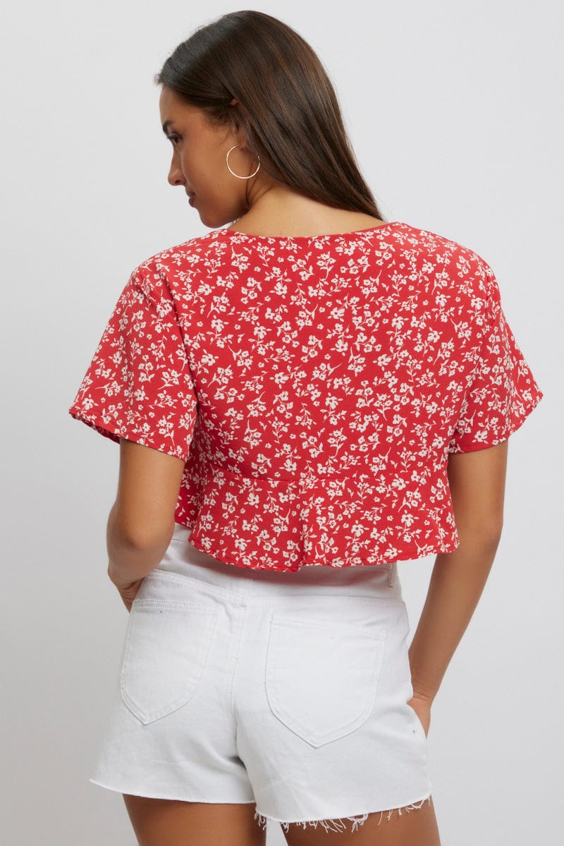 Red Ditsy Tie Up Top Short Sleeve Crop - Image 5