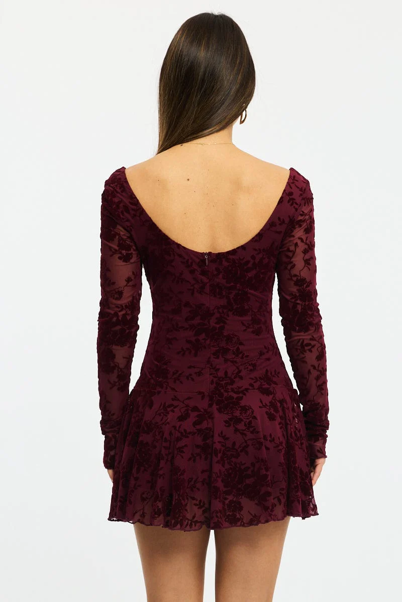 Red Fit And Flare Dress Long Sleeve Burn Out - Image 4
