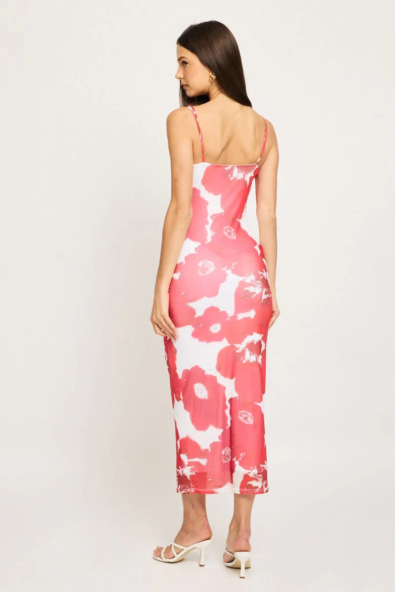 Red Floral Bodycon Dress Cowl Neck Maxi - Image 4