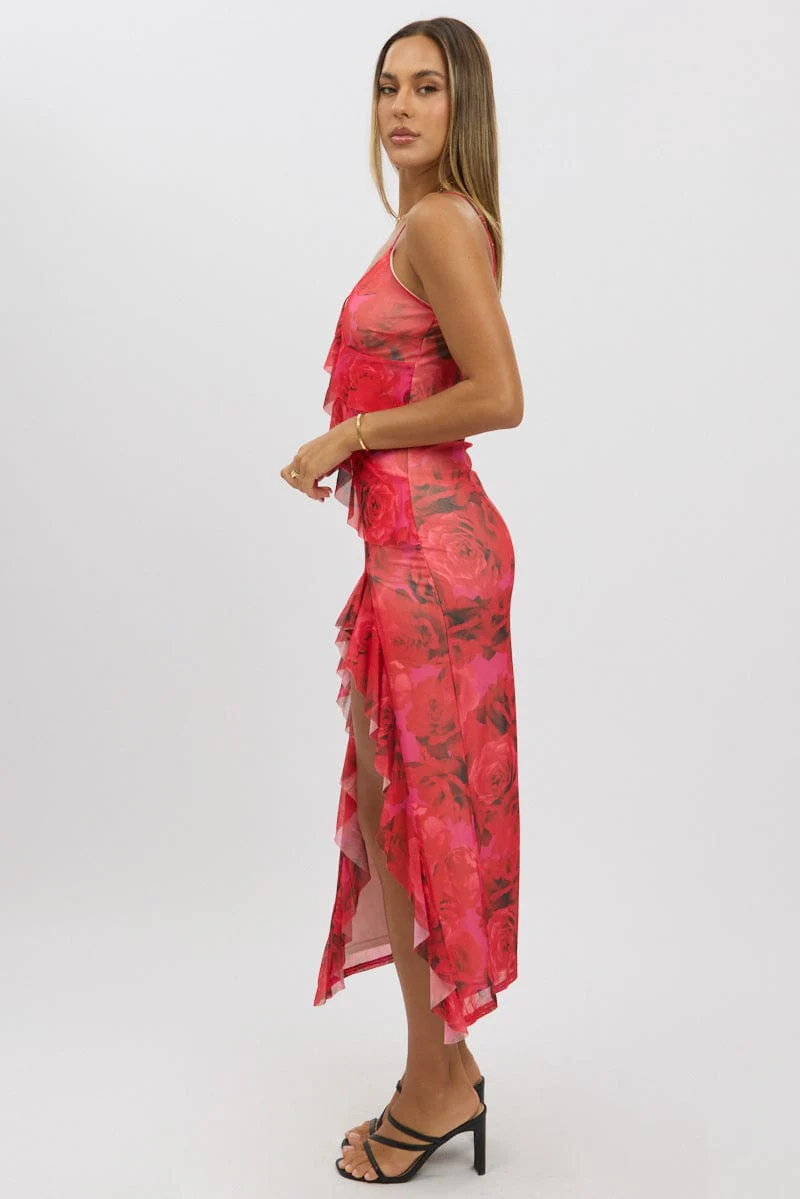 Red Floral Bodycon Dress Ruffle Mesh - Image 4