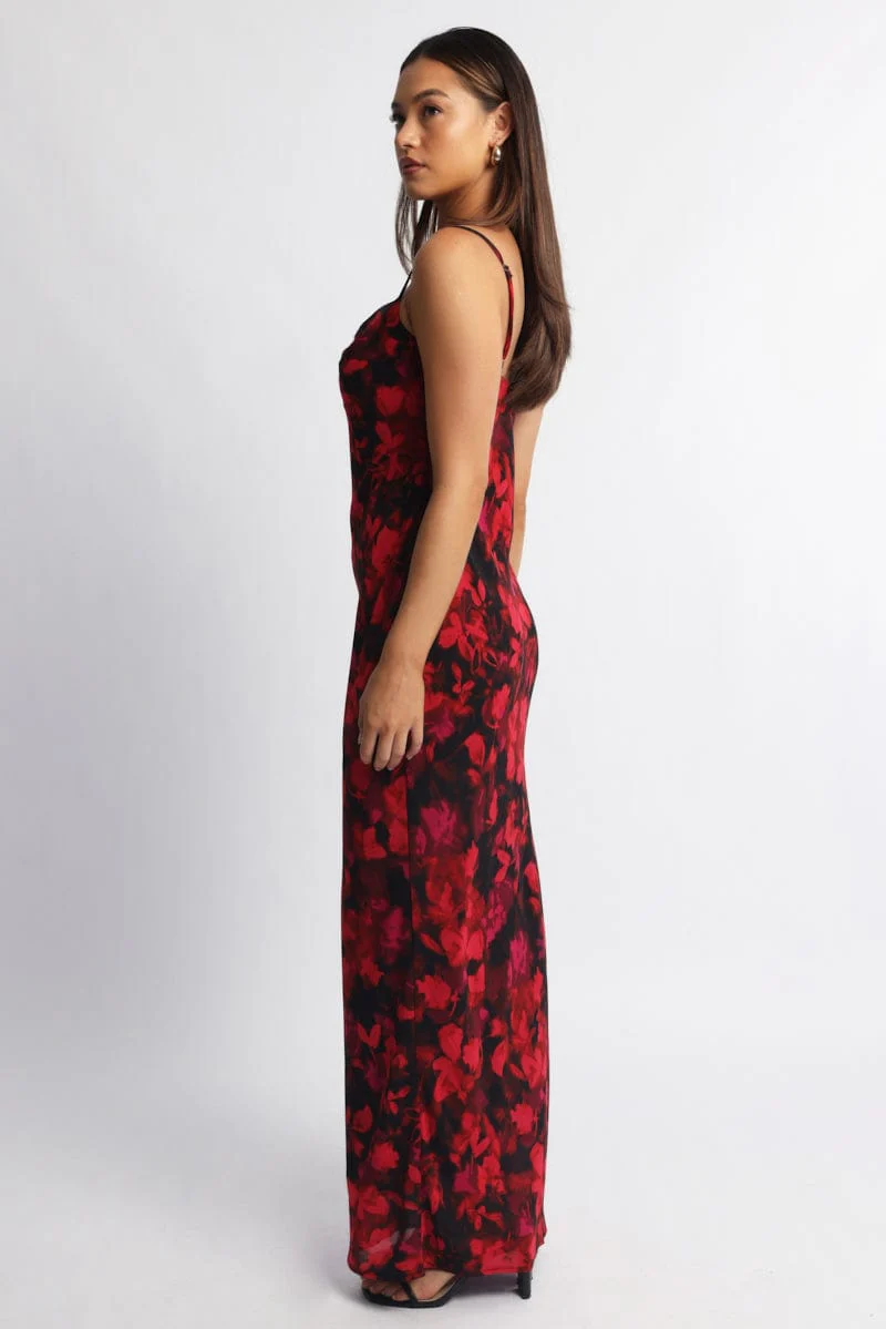 Red Floral Maxi Dress Cowl Neck - Image 3