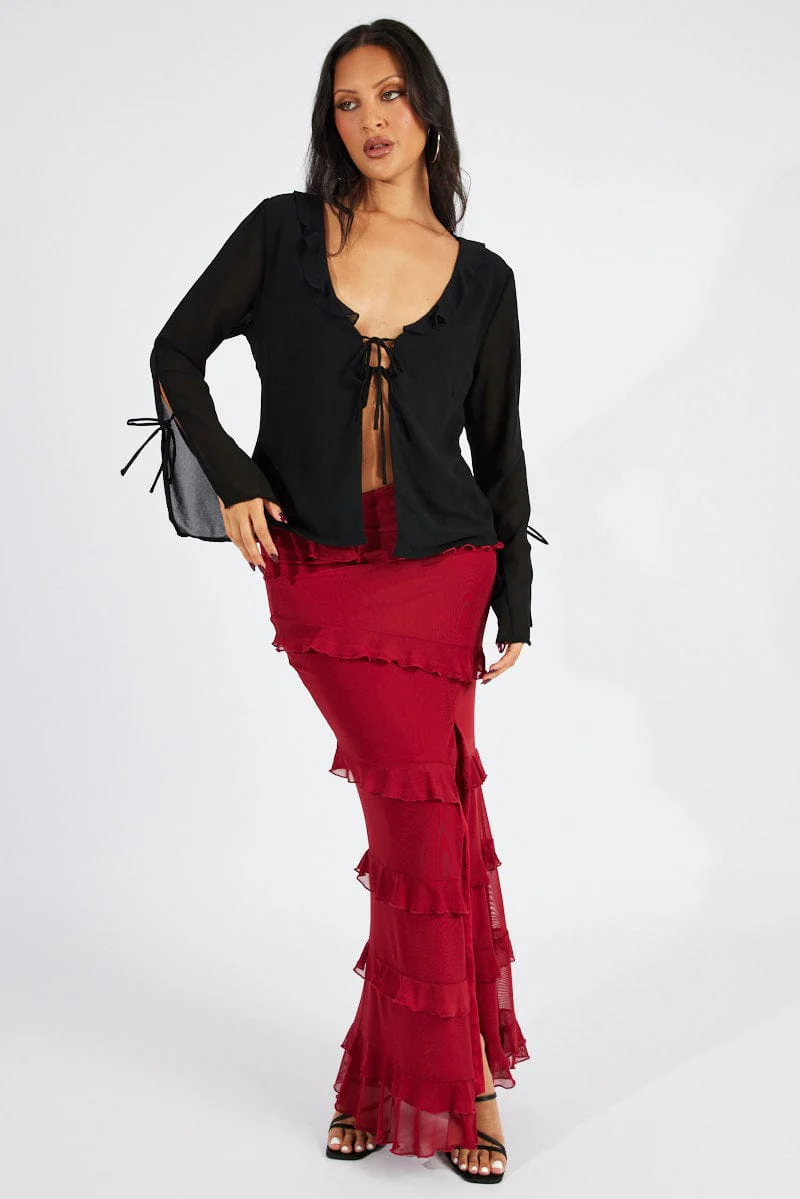 Red Floral Maxi Skirt Mesh Frilled Mesh - Image 2