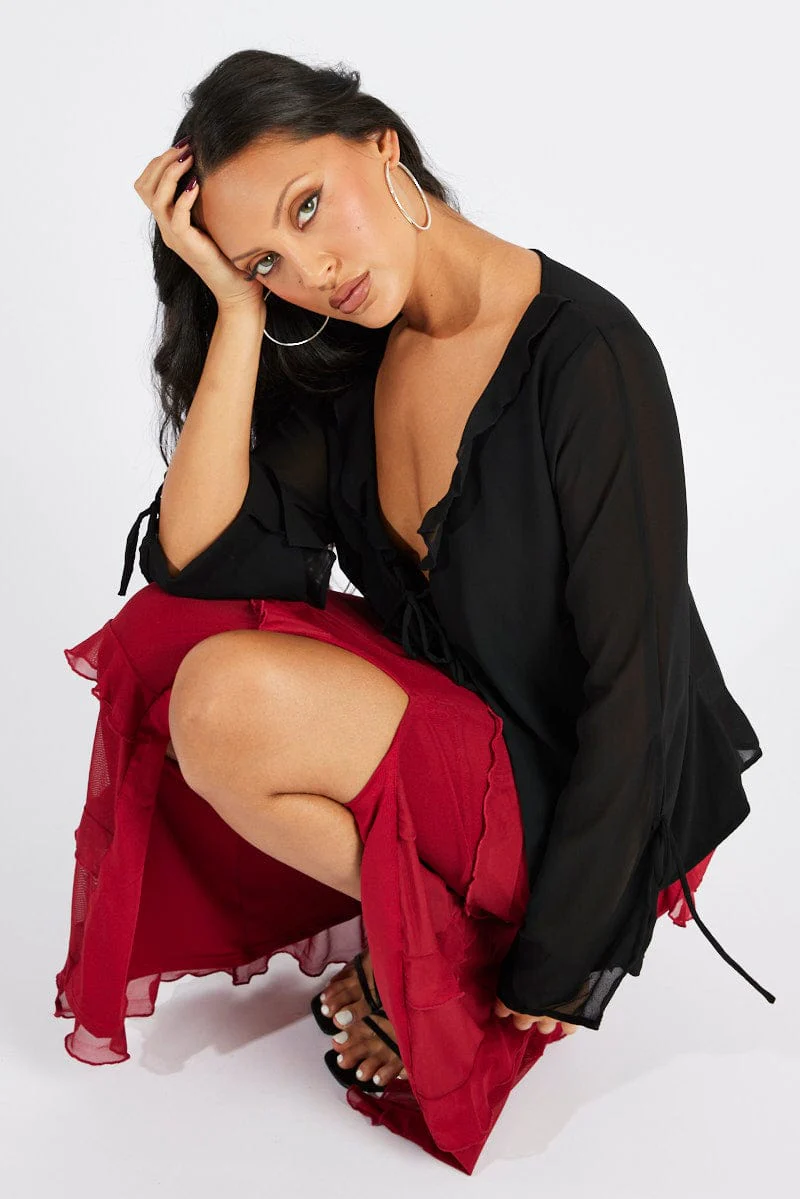 Red Floral Maxi Skirt Mesh Frilled Mesh - Image 3