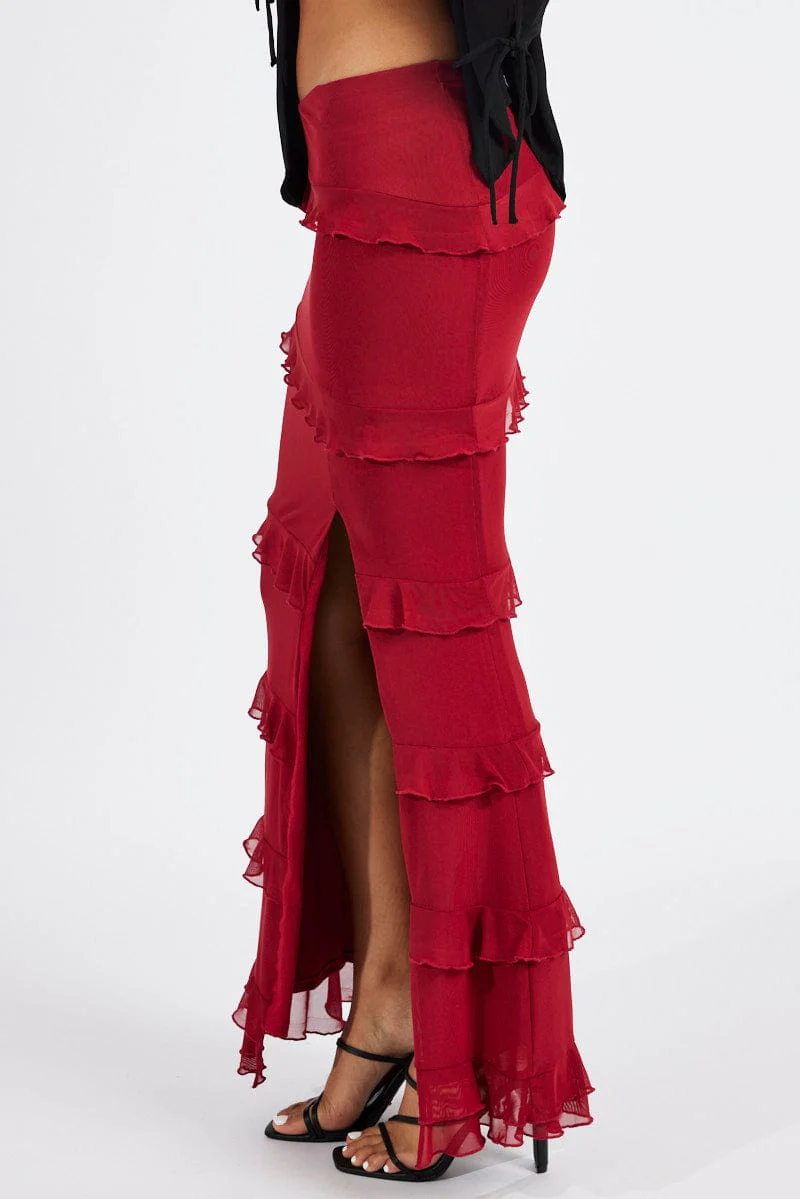 Red Floral Maxi Skirt Mesh Frilled Mesh - Image 4