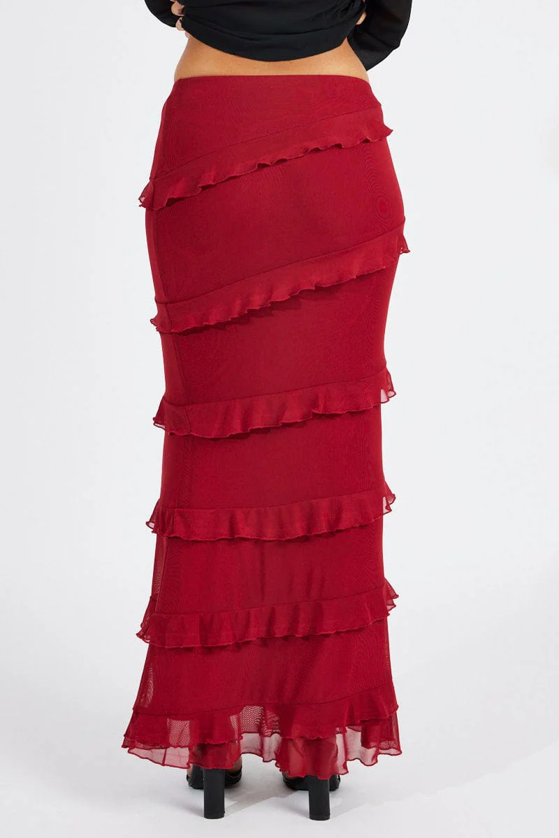Red Floral Maxi Skirt Mesh Frilled Mesh - Image 5