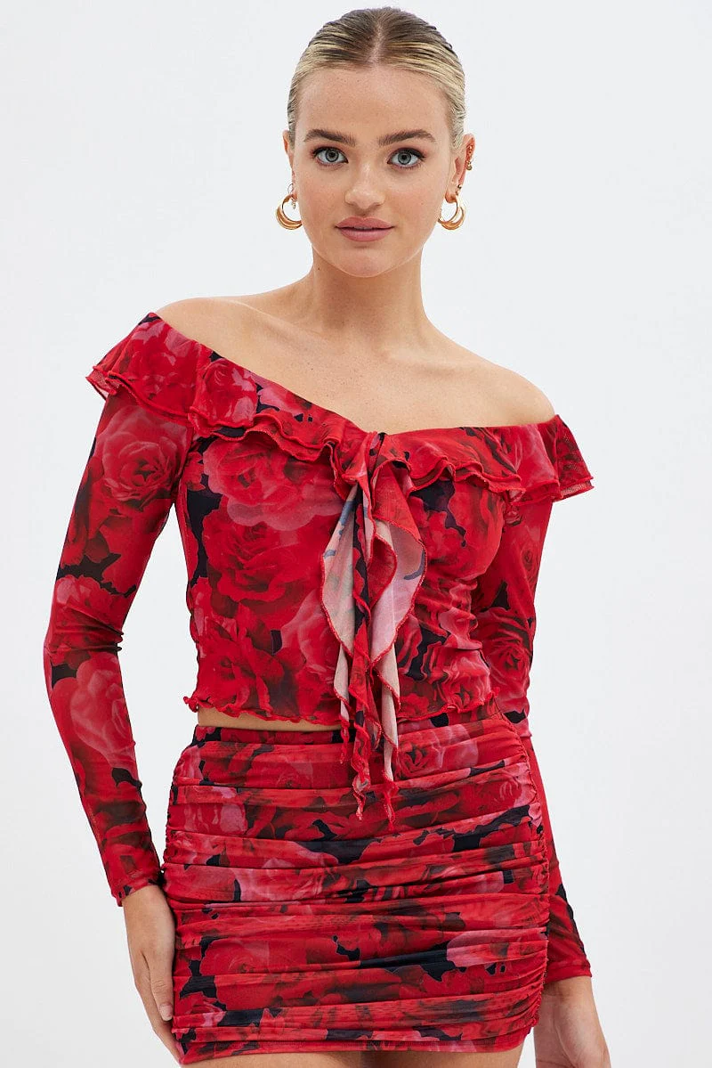 Red Floral Mesh Top Long Sleeve Off Shoulder Frill Lined - Image 3
