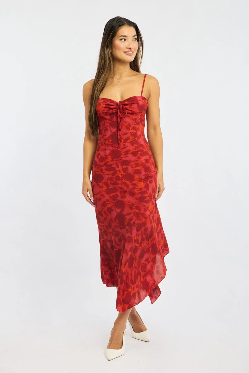 Red Floral Midi Dress Gathered Bust Strappy