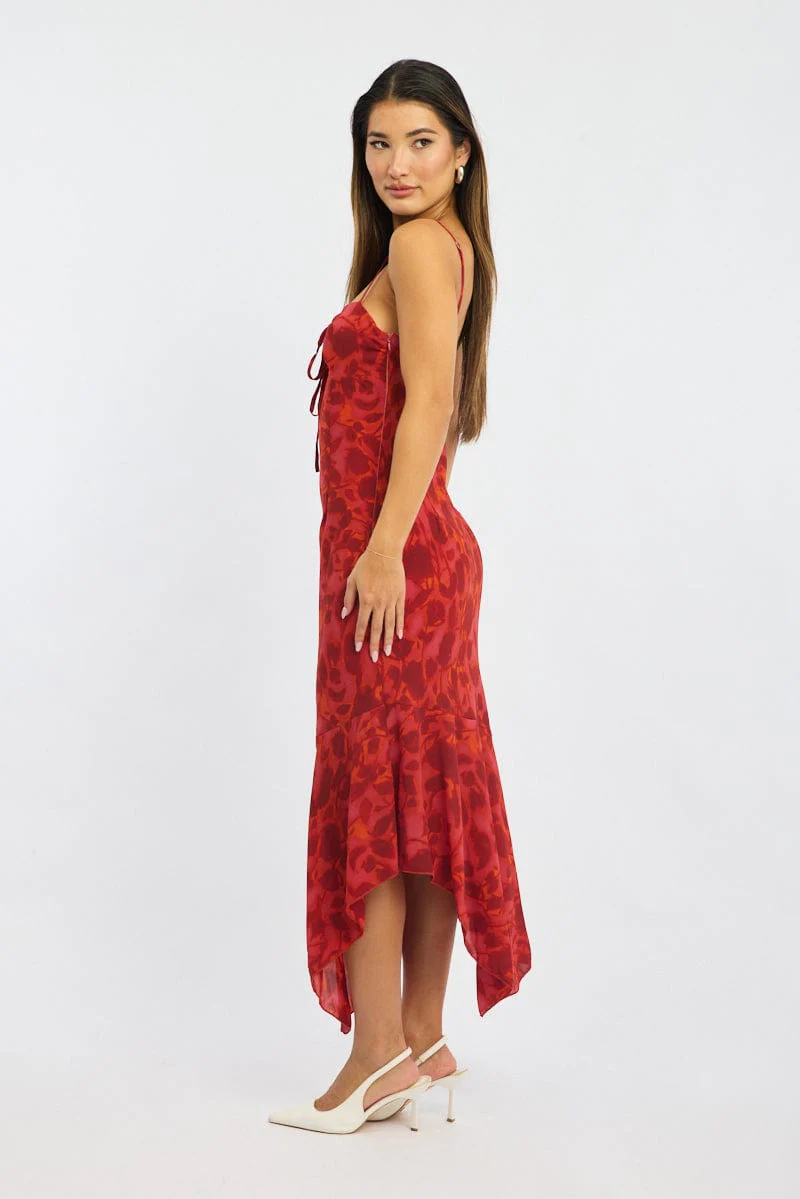 Red Floral Midi Dress Gathered Bust Strappy - Image 3