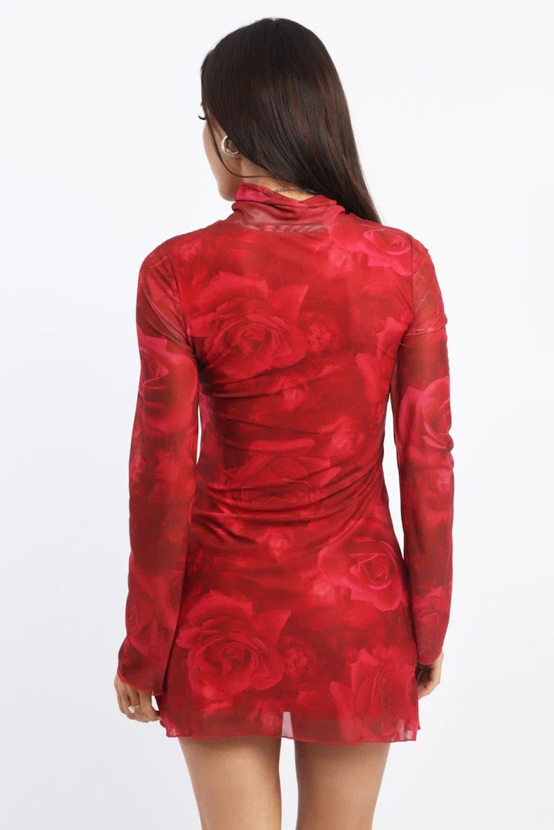 Red Floral Mini Dress High Neck Long Sleeve Mesh - Image 4