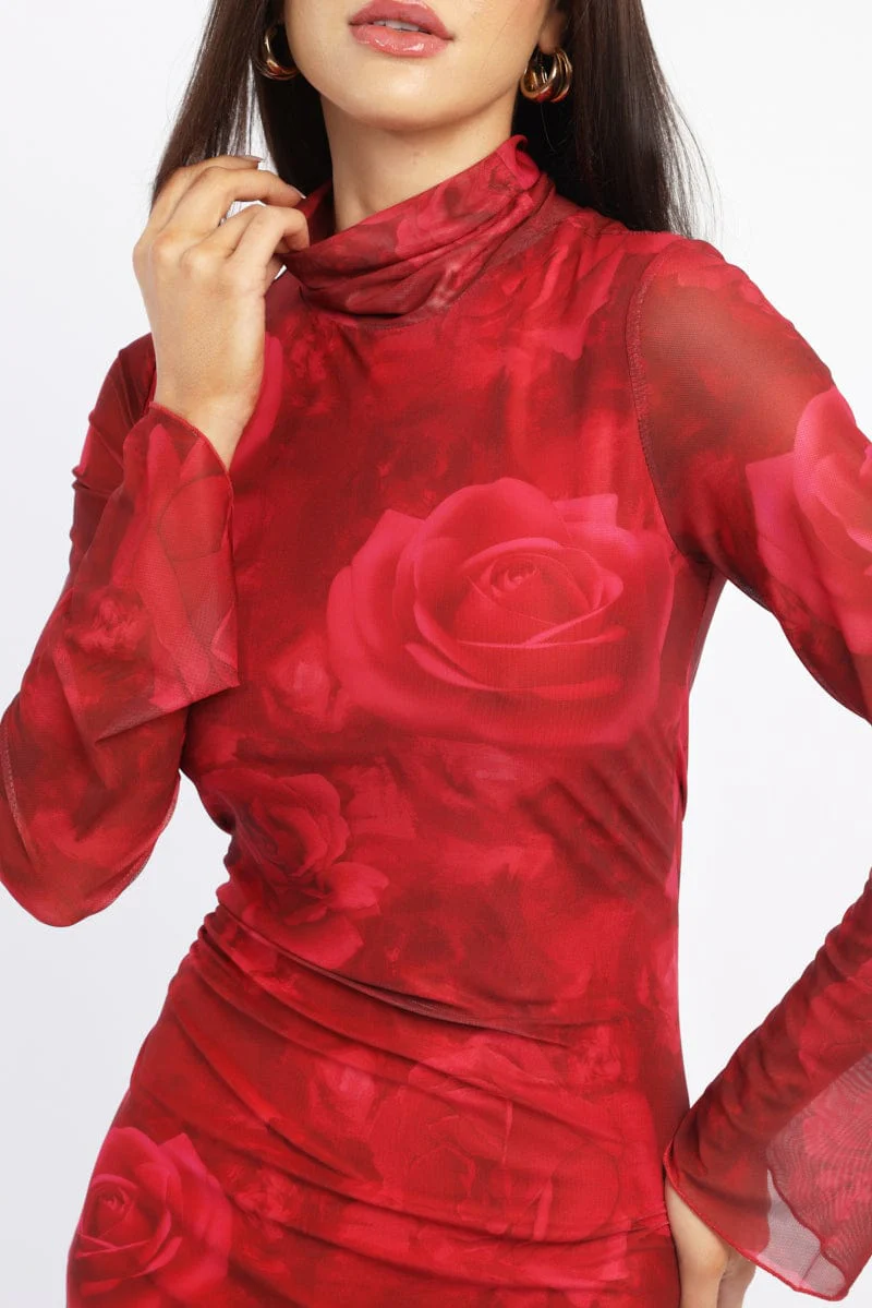 Red Floral Mini Dress High Neck Long Sleeve Mesh - Image 5