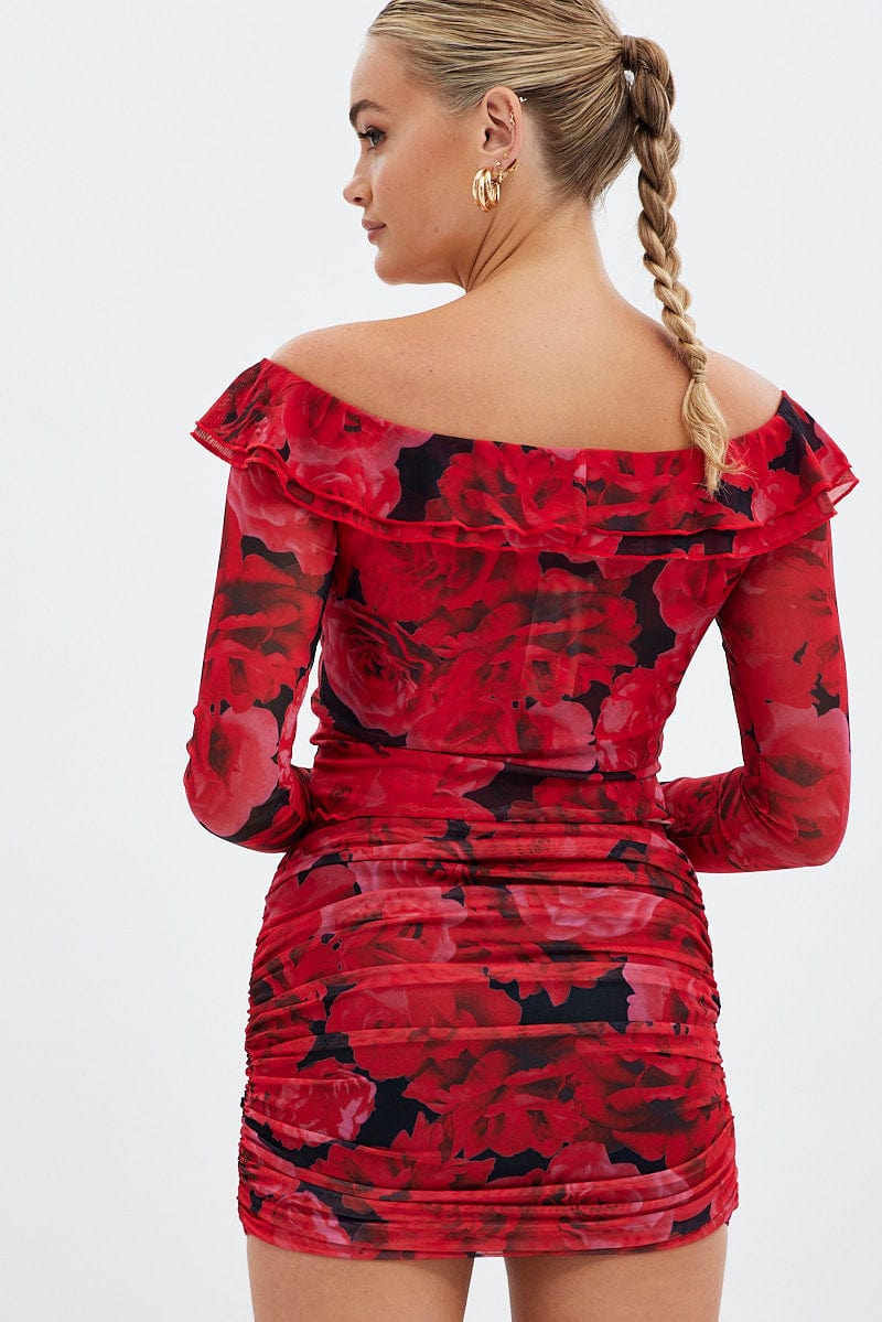 Red Floral Mini Skirt Side Ruched Mid Rise Mesh - Image 5