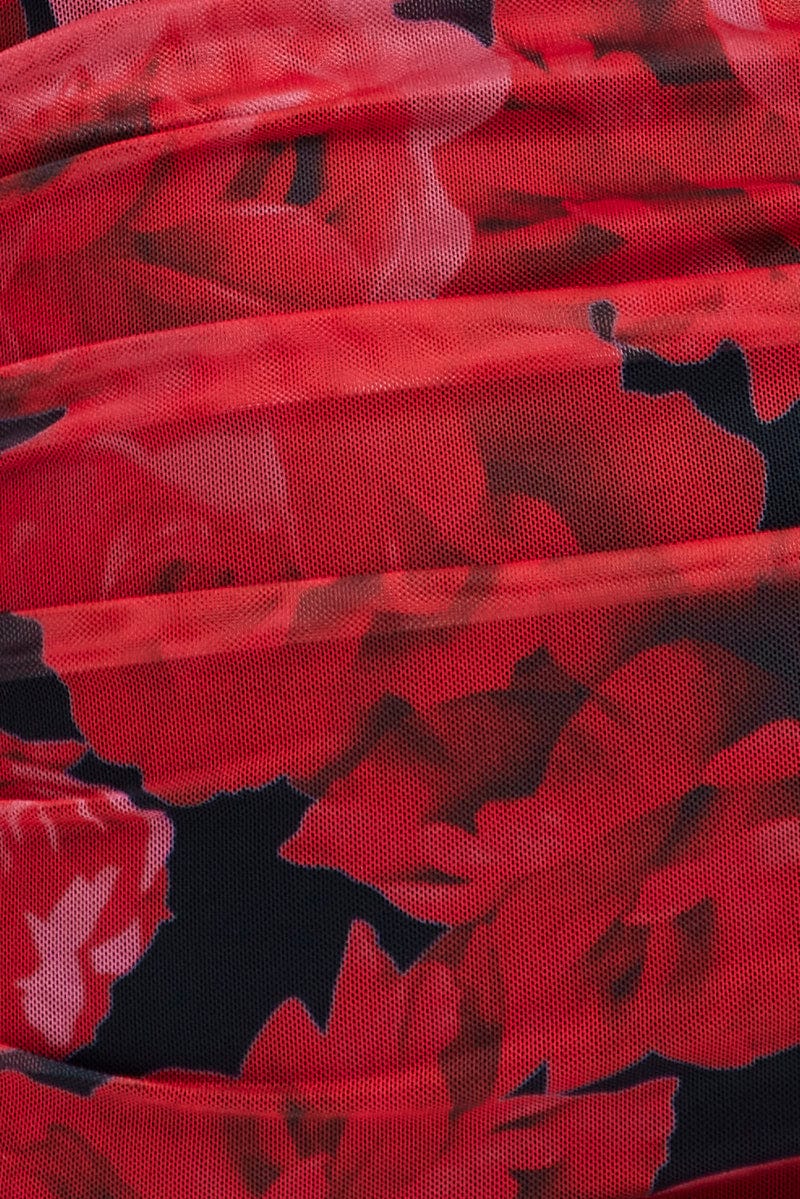 Red Floral Mini Skirt Side Ruched Mid Rise Mesh - Image 6