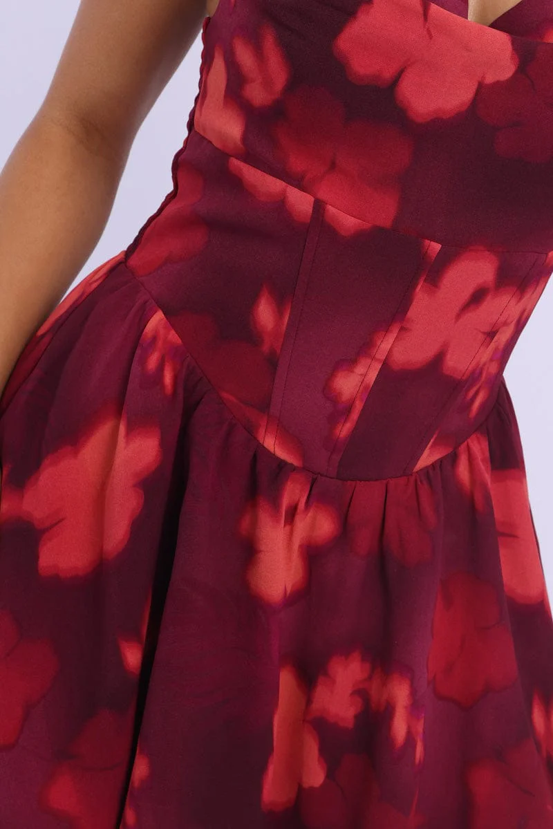 Red Floral Playsuit Cowlneck Strappy - Image 6