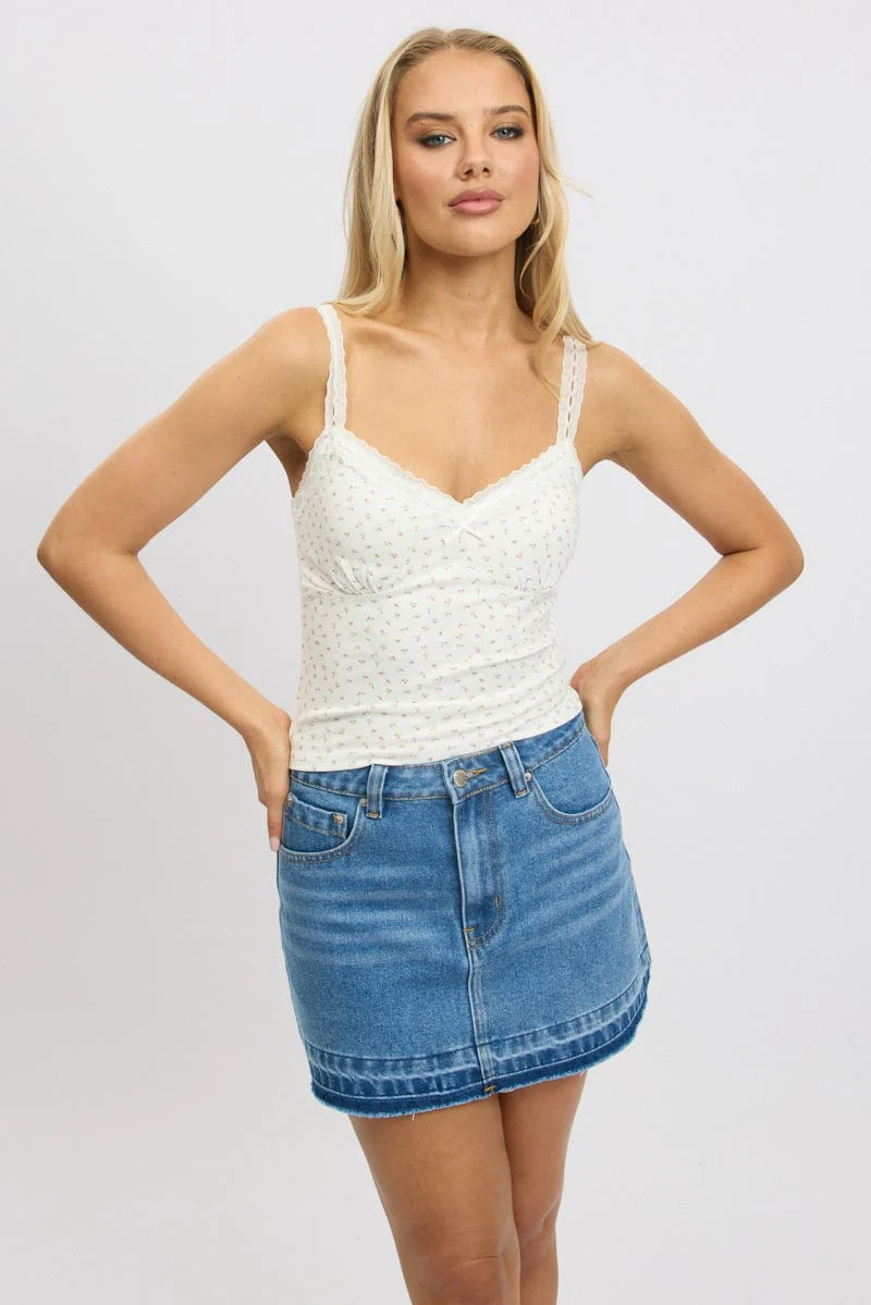 Red Floral Singlet V neck Lace trim - Image 3