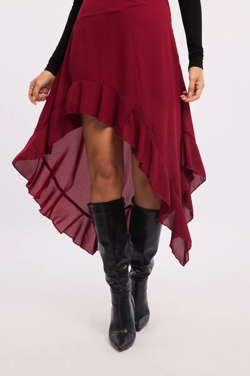 Red Frill Skirt High Waisted High Low Midi - Image 2