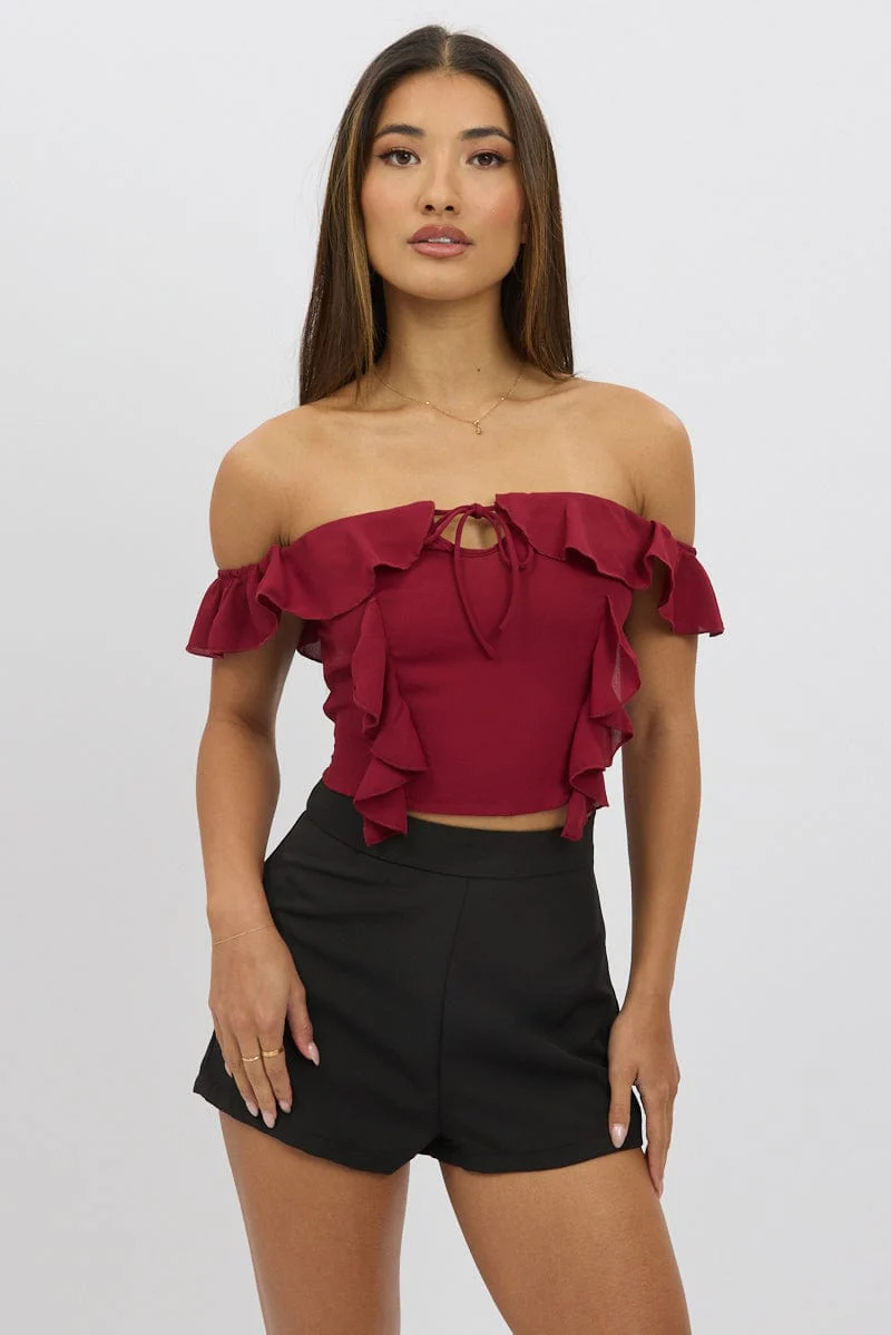 Red Frilled Top Sleeveless Off Shoulder Chiffon - Image 3