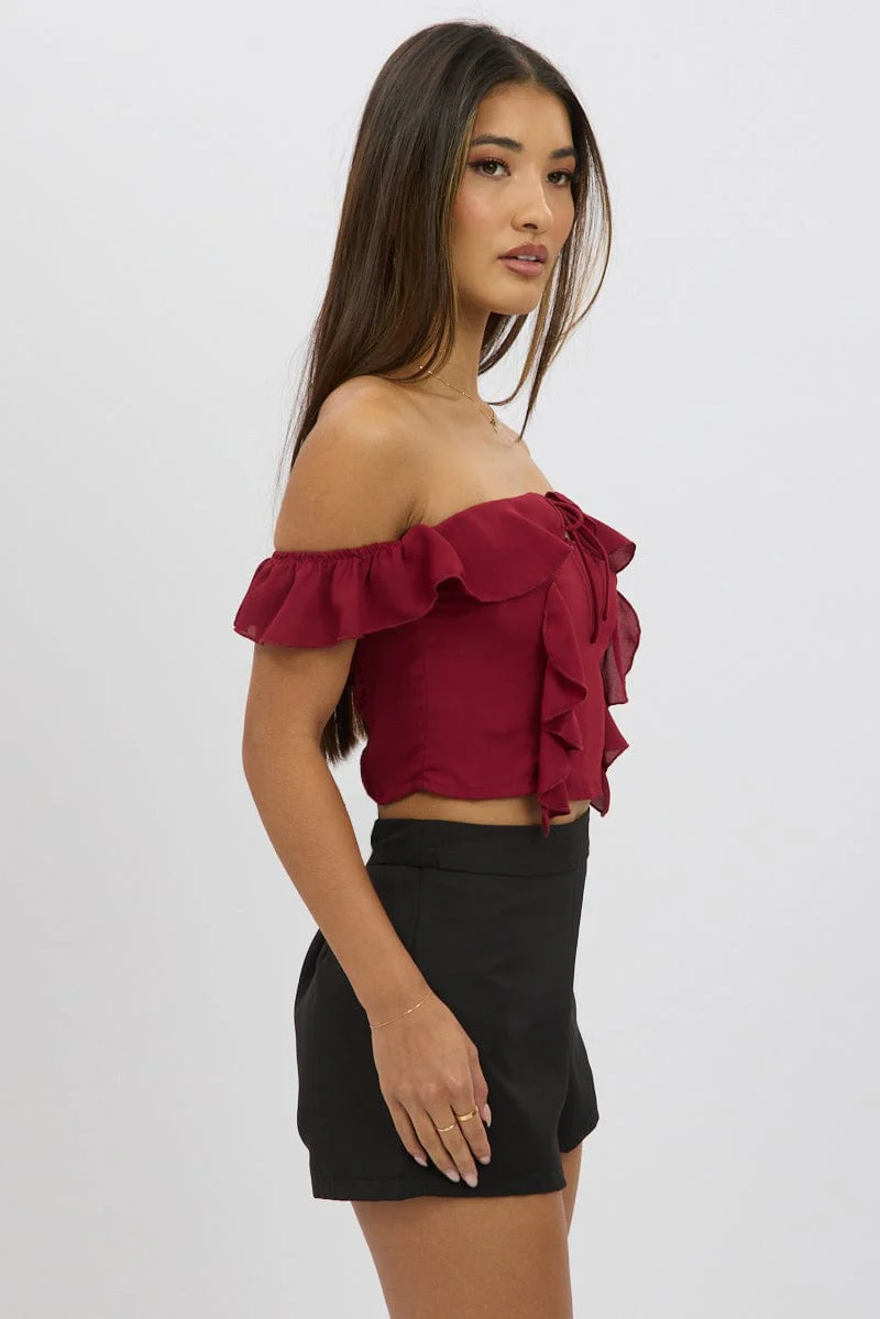 Red Frilled Top Sleeveless Off Shoulder Chiffon - Image 4