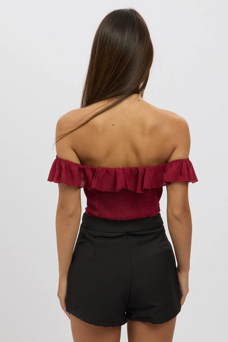 Red Frilled Top Sleeveless Off Shoulder Chiffon - Image 5