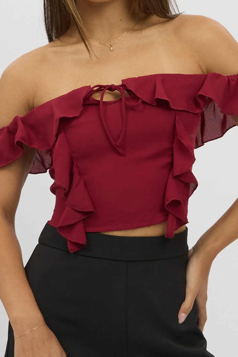 Red Frilled Top Sleeveless Off Shoulder Chiffon - Image 6
