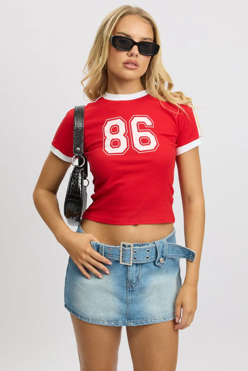 Red Graphic Tee Short Sleeve Contrast Binding