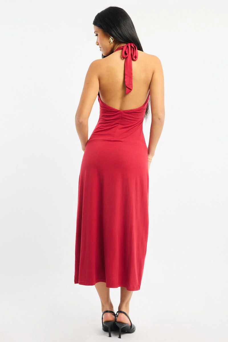 Red Halter Neck Midi Dress - Image 4