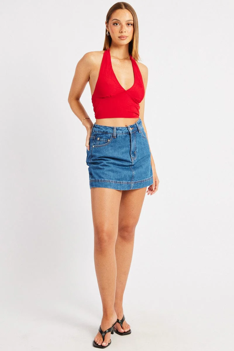 Red Halter Neck Top Tie Back Mesh - Image 2