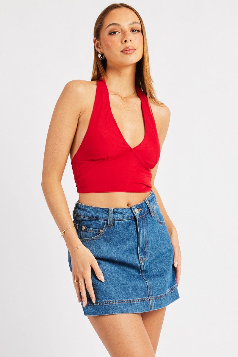 Red Halter Neck Top Tie Back Mesh - Image 3