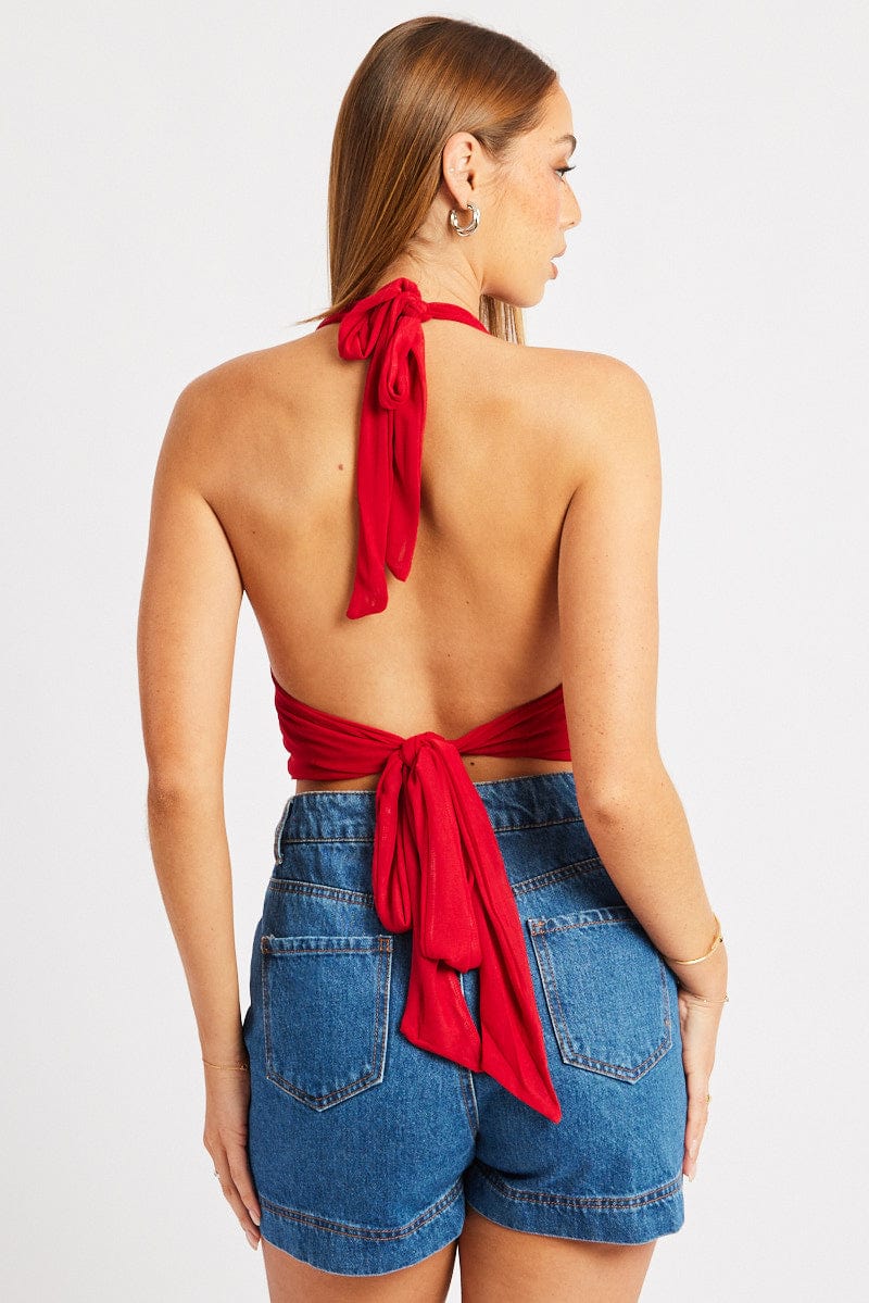 Red Halter Neck Top Tie Back Mesh - Image 5