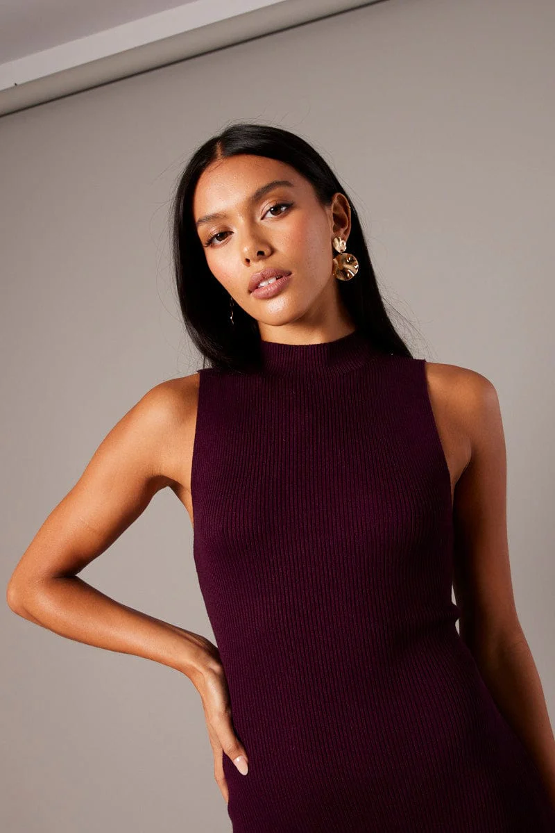 Red High Neck Knit Dress Midi - Image 3