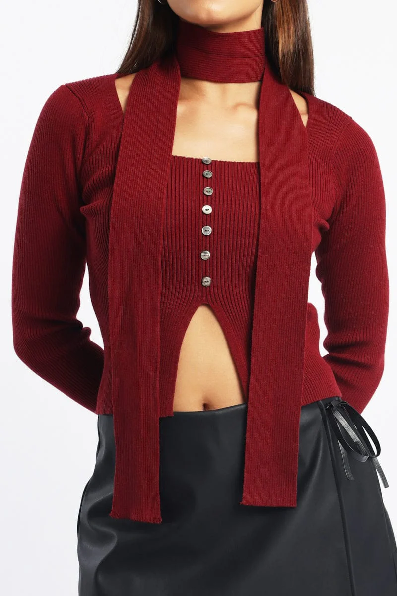 Red Knit Top Long Sleeve Scarf - Image 5