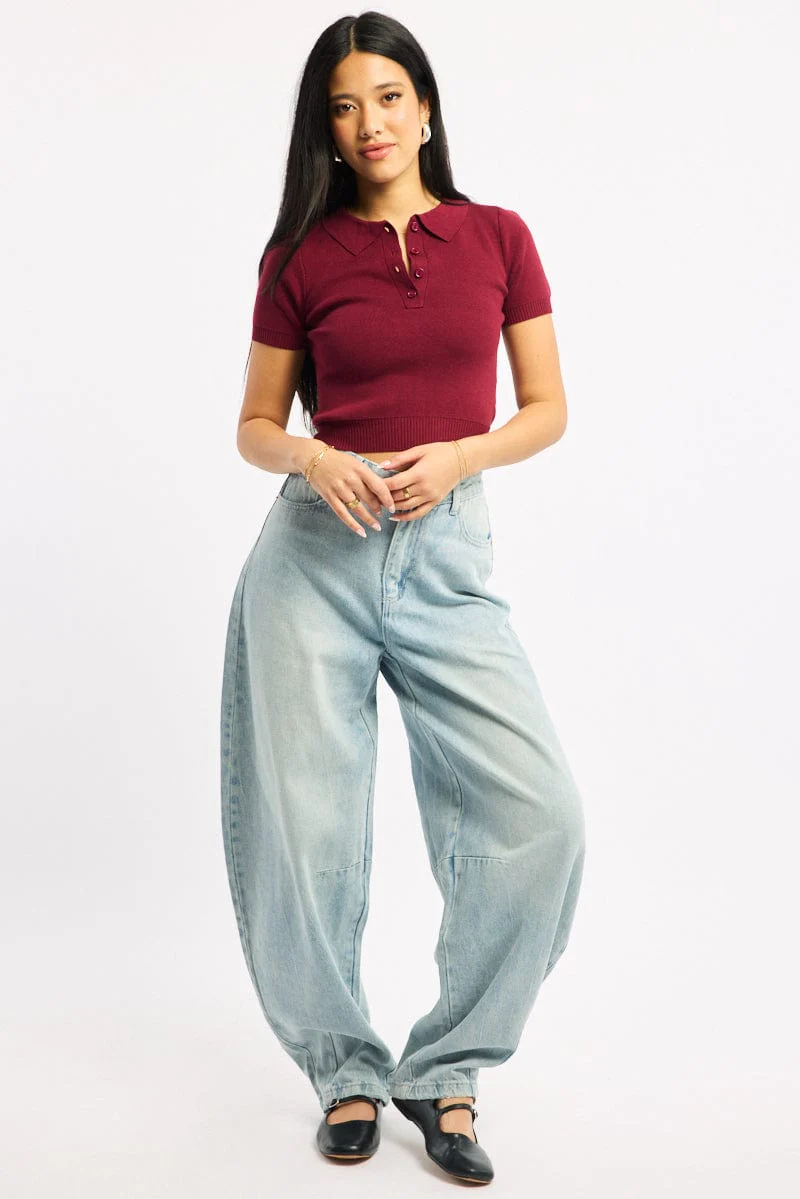 Red Knit Top Short Sleeve Polo Collar - Image 2